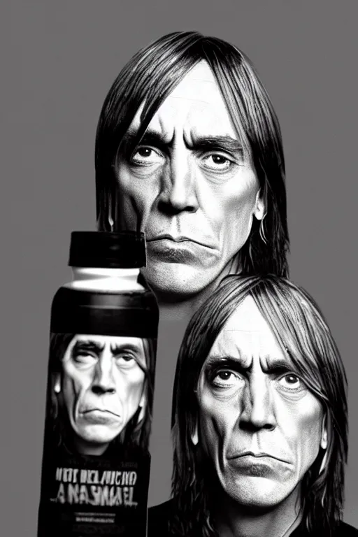 Prompt: a plastic bottle with iggy pop's face on the label