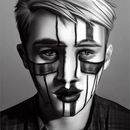 Image similar to professional pencil sketch of a young adult man with short blonde hair wearing a black face mask a black flannel shirt and black sweatpants, high quality, HD, 8K, highly detailed, award-winning