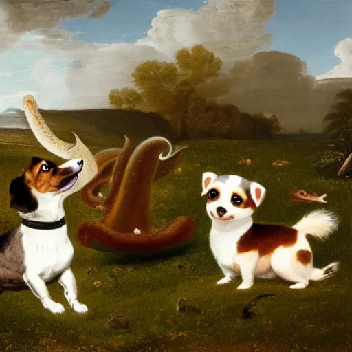 Prompt: oil painting by george stubbs of a brown and white corgi dog, a black, brown and white corgi dog, and a giant squid playing happily together in a meadow.