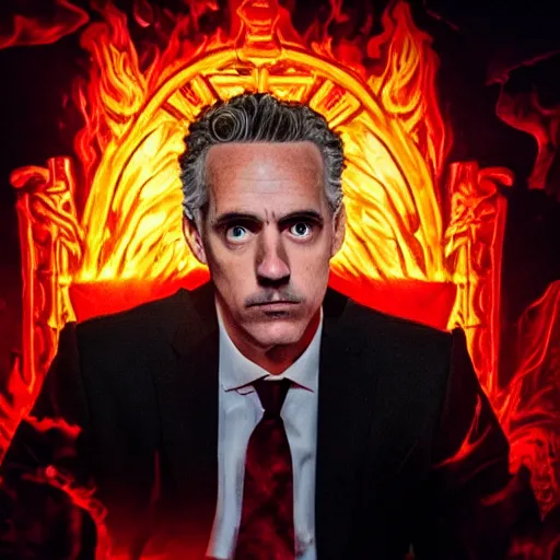 Prompt: jordan peterson seated on the throne of hell, highly detailed, fiery, red hues, lens flare