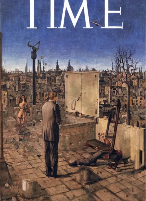 Prompt: TIME magazine cover, the coming AI singularity, by Paul Delvaux