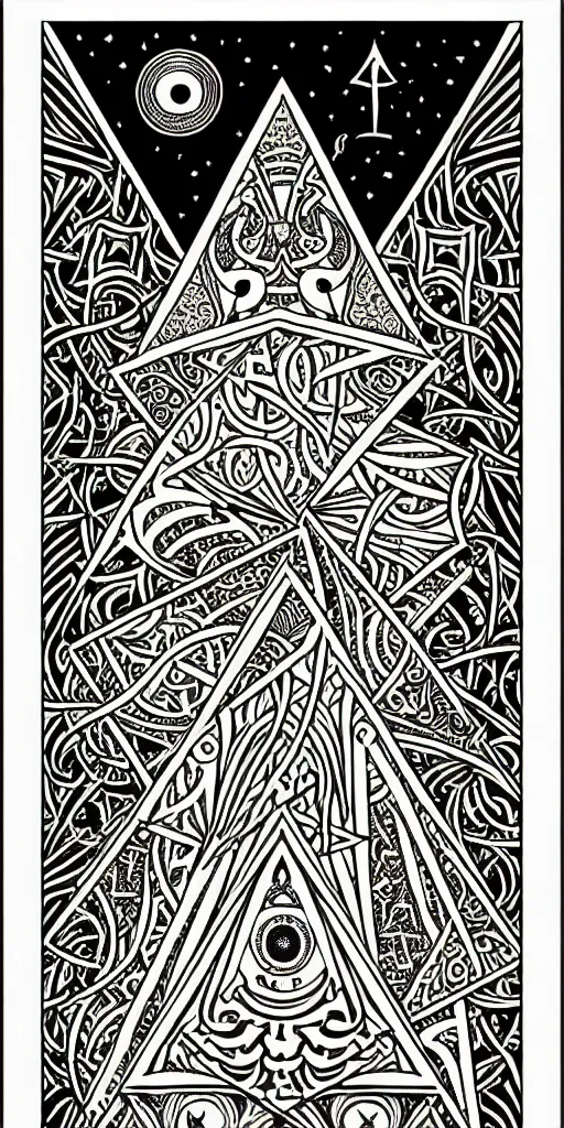 Image similar to a beautiful black and white fractal tarot card featuring bold occult imagery with clean lines. pyramids, eyeballs, lovecraft, eldritch. detailed adult coloring book