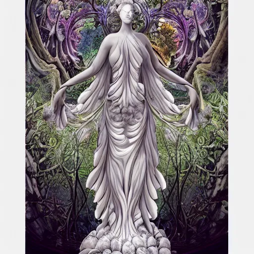 Image similar to an idealistic marble statue, fully clothed, with fractal flowery hair in a fractal garden, glowing delicate flower and mushrooms that grow in a dark fatansy forest on the planet pandora,, symmetrical,