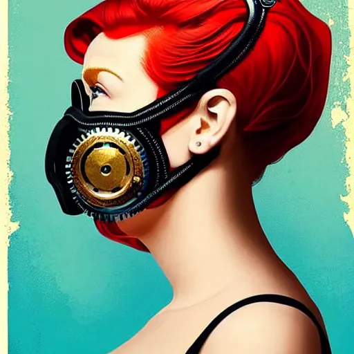 Image similar to portrait of red head woman with a diver mask :: side profile :: in ocean :: guns and bullets :: metallic clockwork details :: gold and petals pattern :: blood and horror :: by marvel and Sandra Chevrier