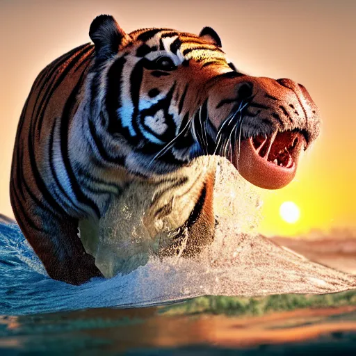 Image similar to a closeup photorealistic photograph of a smiling cute tiger hippopotamus riding a large wave during sunset. surf in the background. professional capture. brightly lit scene. this 4 k hd image is trending on artstation, featured on behance, well - rendered, extra crisp, features intricate detail, epic composition and the style of unreal engine.