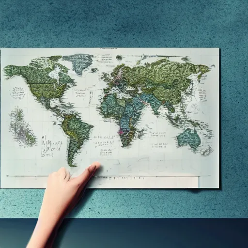 Prompt: big old fictional paper map with a handwritten bookmarks on a table near window with a sunlight pouring through and creating soft shadows over map, compass and hourglass on map, bokeh, focus on map, artstation, digital art