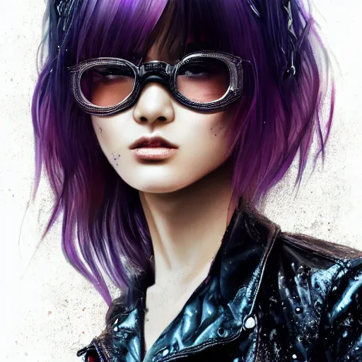 Prompt: photo of a gorgeous wet asian female with long dark purple hair in the style of stefan kostic, realistic, cyberpunk, leather jacket, aviators, mask, nighttime, rain storm, body shot, sharp focus, 8 k high definition, insanely detailed, intricate, elegant, art by stanley lau and artgerm, floating embers