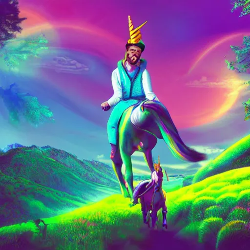 Image similar to pewdiepie riding a unicorn, pointing in the right direction, wearing a crown, green paradise landscape, vivid colors, pastelle, digital art, trending on artstation