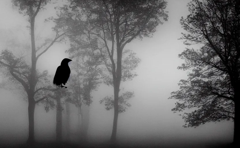 Prompt: cinematic shot of a crow at tree, moody scene from being john malcovich directed by charlie kaufman ( 2 0 0 1 ), foggy volumetric light morning, anamorphic lenses, kodak color film stock