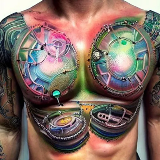 Prompt: chest tattoo of a 3 d hole in the skin with a shiny multicolored metallic gears and tubes and futuristic robotic mechanics inside under the skin, insanely integrate,