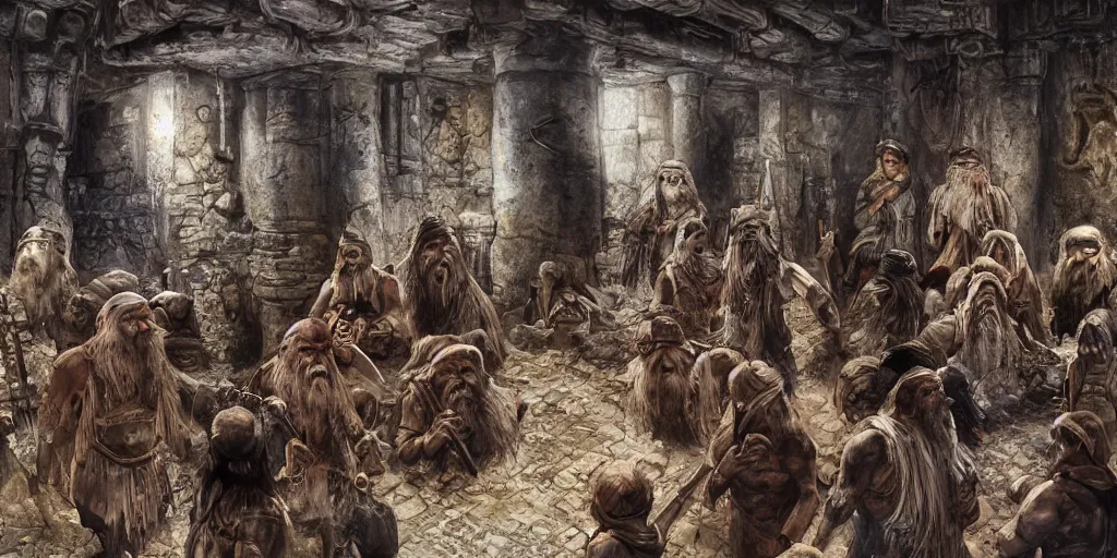 Prompt: sumerian underground city ancient dwarves, drawn by viktor vasnetsov, beautiful faces, symmetrical faces dwarven dungeons, cities of mesopotamia, moriya, oil painting, harsh fairy tale, soft style, hyperrealism, beautiful, high resolution, trending on artstation,