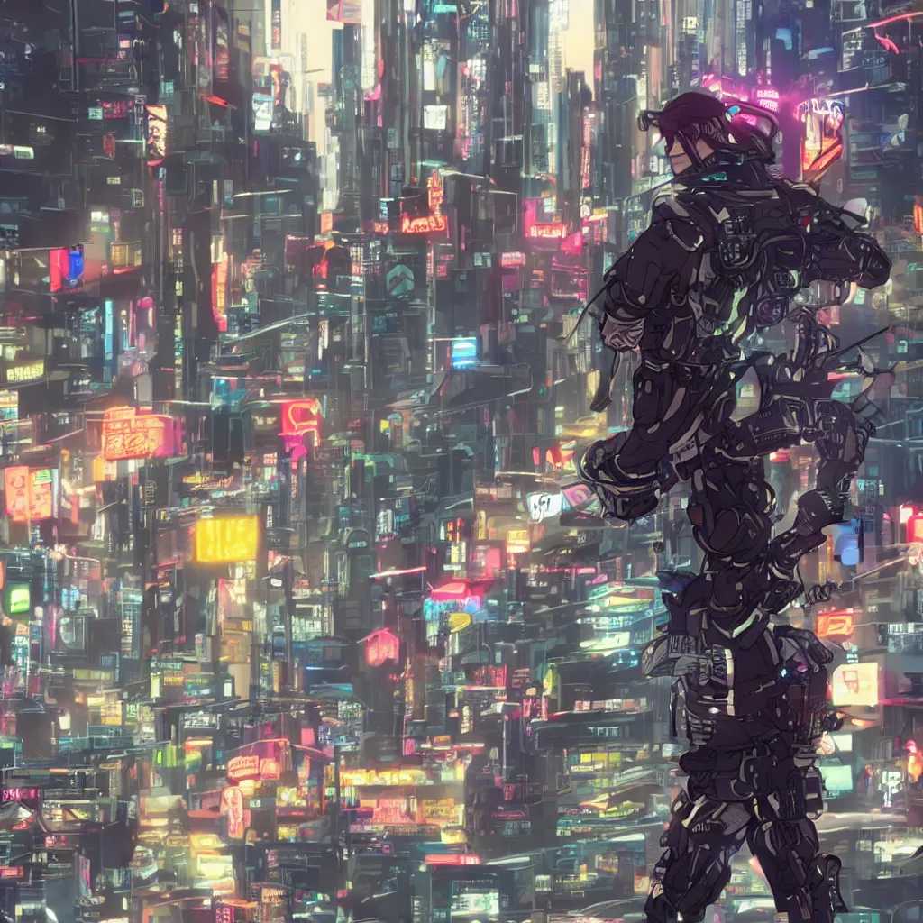 Prompt: a cyberpunk soldier running in full speed in a cyberpunk city, anime