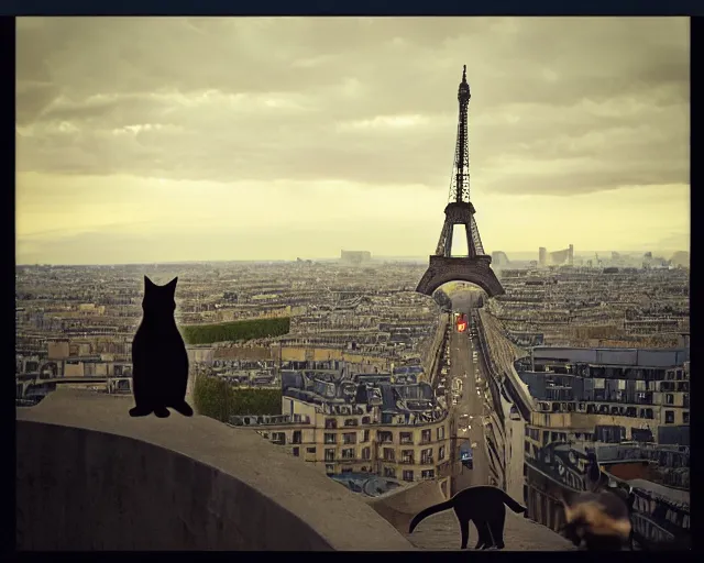 Image similar to a black cat sitting on the top of a building overlooking a French city, Eiffel Tower in the background. Atmospheric lighting, warm lighting, wide shot, sunset. By Makoto Shinkai, Stanley Artgerm Lau, WLOP, Rossdraws, James Jean, Andrei Riabovitchev, Marc Simonetti, krenz cushart, Sakimichan, trending on ArtStation, digital art.