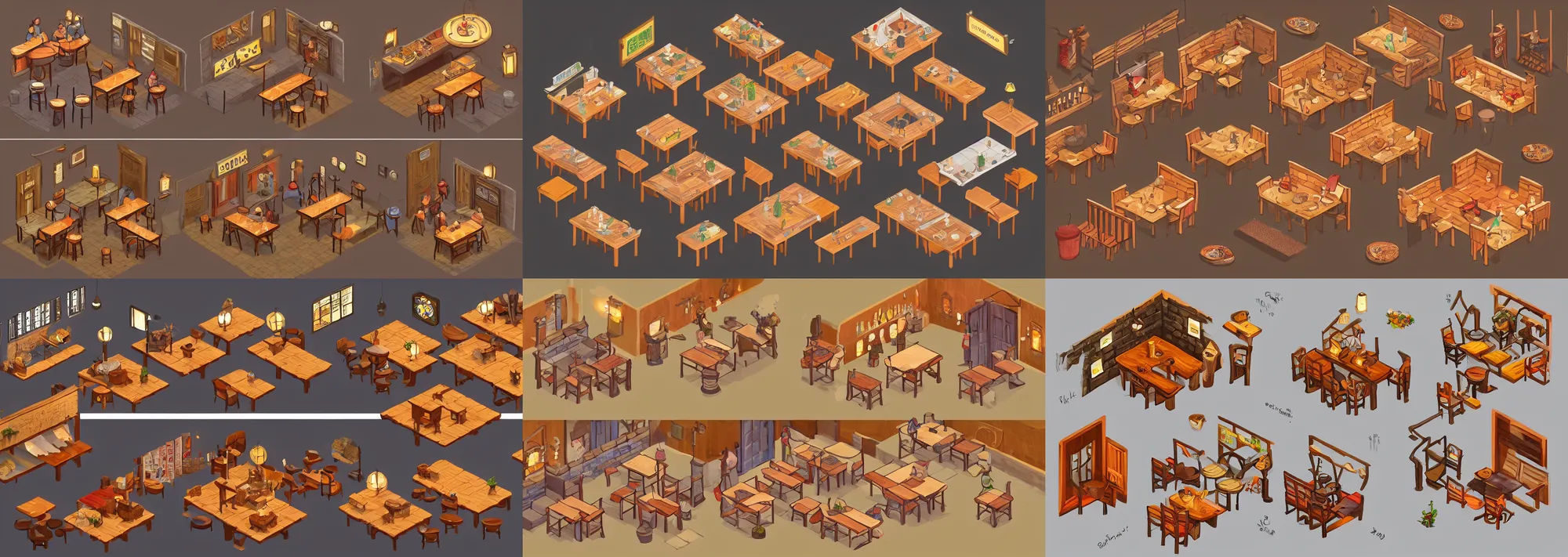 Prompt: isometric concept art of a cozy warm inn interior with a bar and small round tables and stools, dnd art