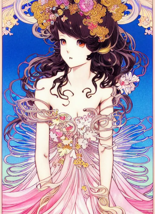 Image similar to exquisite imaginative manga poster of a fairy princess, long wavy hair, rococo ruffles dress, shimmering, by shigenori soejima, minaba hideo, katsuhiro otomo, alphonse mucha, jump comics, illustration, artstation, dark fantastic, highly detailed, 8 k, fluorescent, fluorescent, maximalist