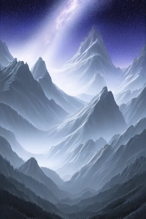 Image similar to digital matte fantasy dreamy mountain scape dark tones snow milky way futuristic moonlight, artstation, behance, 8 k by alex grey