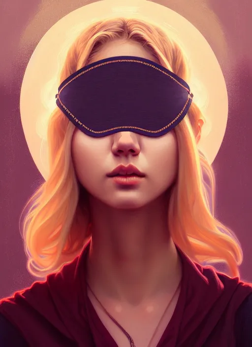 Image similar to blindfolded handsome young women with shoulder length blonde hair, symmetrical, half body shot, path traced, highly detailed, high quality, digital painting, alena aenami, lilia alvarado, shinji aramaki, karol bak, alphonse mucha, tom bagshaw