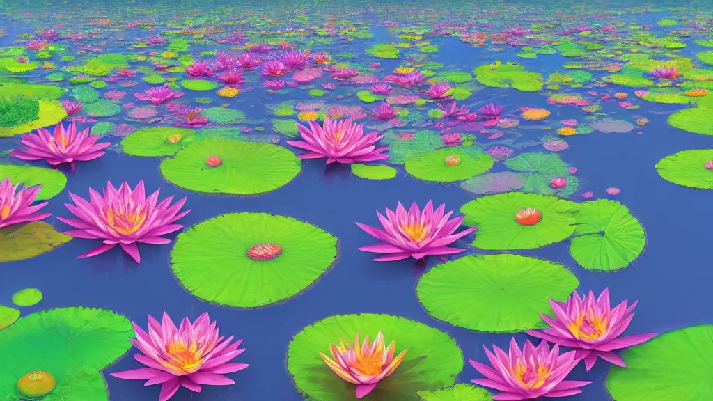 Image similar to digital illustration of a lake full of multi - colored megaflora water lily flowers by dr. seuss, reimagined by ilm and beeple : 1 | spectral color, electric color, rolling hills : 0. 9 | fantasy : 0. 9 | unreal engine, deviantart, artstation, hd, 8 k resolution : 0. 8