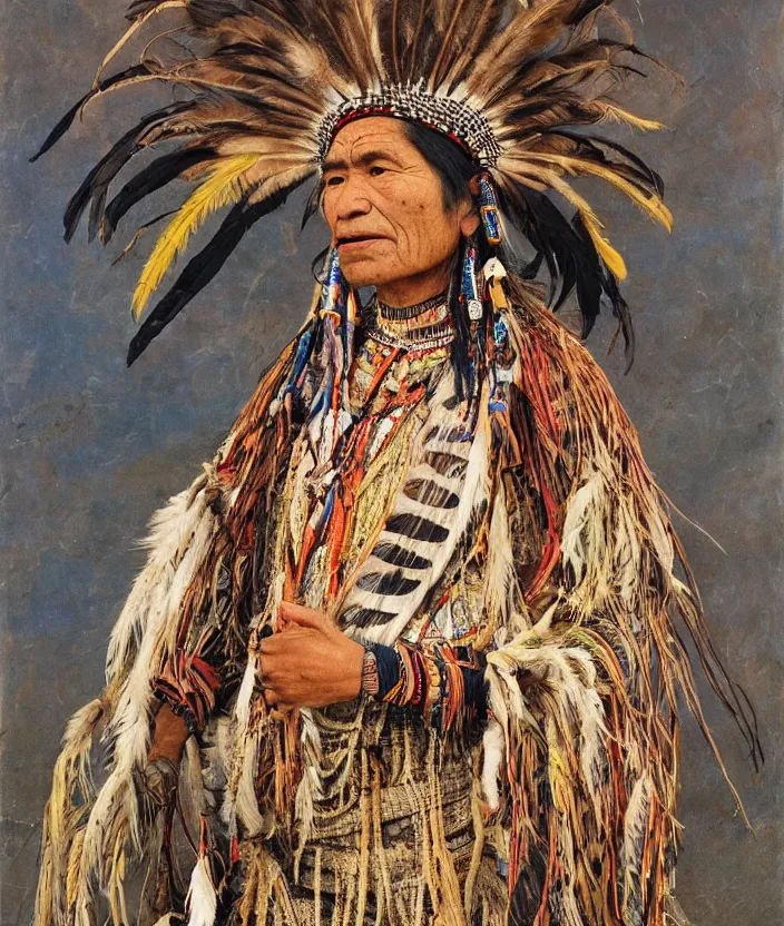 Prompt: full body shot picture of indigenous people woman leader in canyon, painted by lucian freud, intricate costume design, beautiful feathers, hd, super detailed, realistic, muted colors