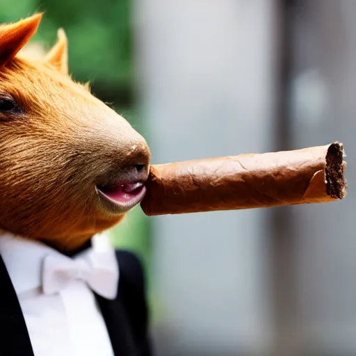 Image similar to smoking cigar, a man wearing a suit capybara head (smoking cigar)