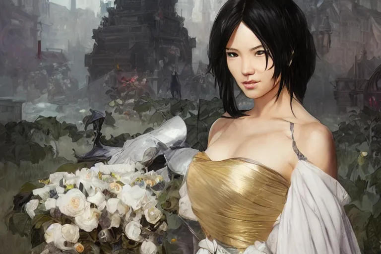 Prompt: cassandra cain in a wedding dress, cg animation, riot entertainment, arcane, realistic, character select portrait, by ruan jia, artgerm, greg rutkowski, alphonse mucha, 3 d