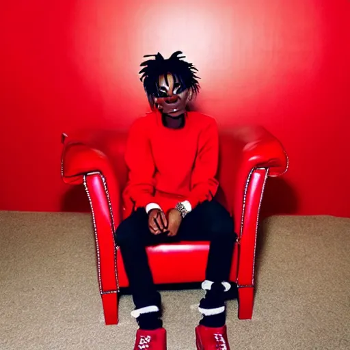 Prompt: playboi carti sitting in a chair in a completely red room