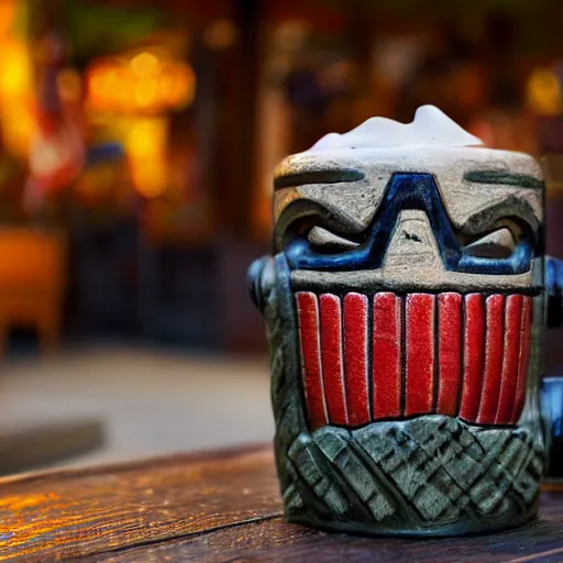 Image similar to a closeup photorealistic photograph of a glossy captain america style tiki mug sitting at an outdoor trader vic's bar featuring captain america's face. tiki theme. bright scene. fine detail. this 4 k hd image is trending on artstation, featured on behance, well - rendered, extra crisp, features intricate detail, epic composition and the style of unreal engine.