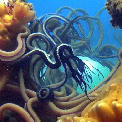 Image similar to underwater rov footage, long tentacle octopus squid tentacles