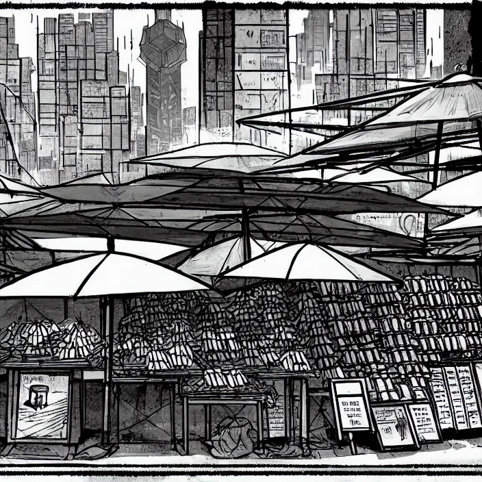 Prompt: close view of a market stall. folded umbrellas for sale on the stall. set in a square. background of an old soviet monument. storyboard, scifi cyberpunk. by gabriel hardman, joe alves, chris bonura. cinematic atmosphere, detailed and intricate, perfect anatomy