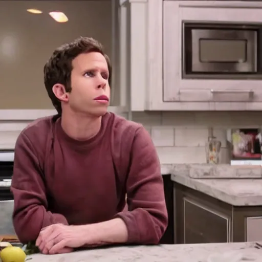 Image similar to dennis reynolds, sitting on a throne in a kitchen, cinematic style