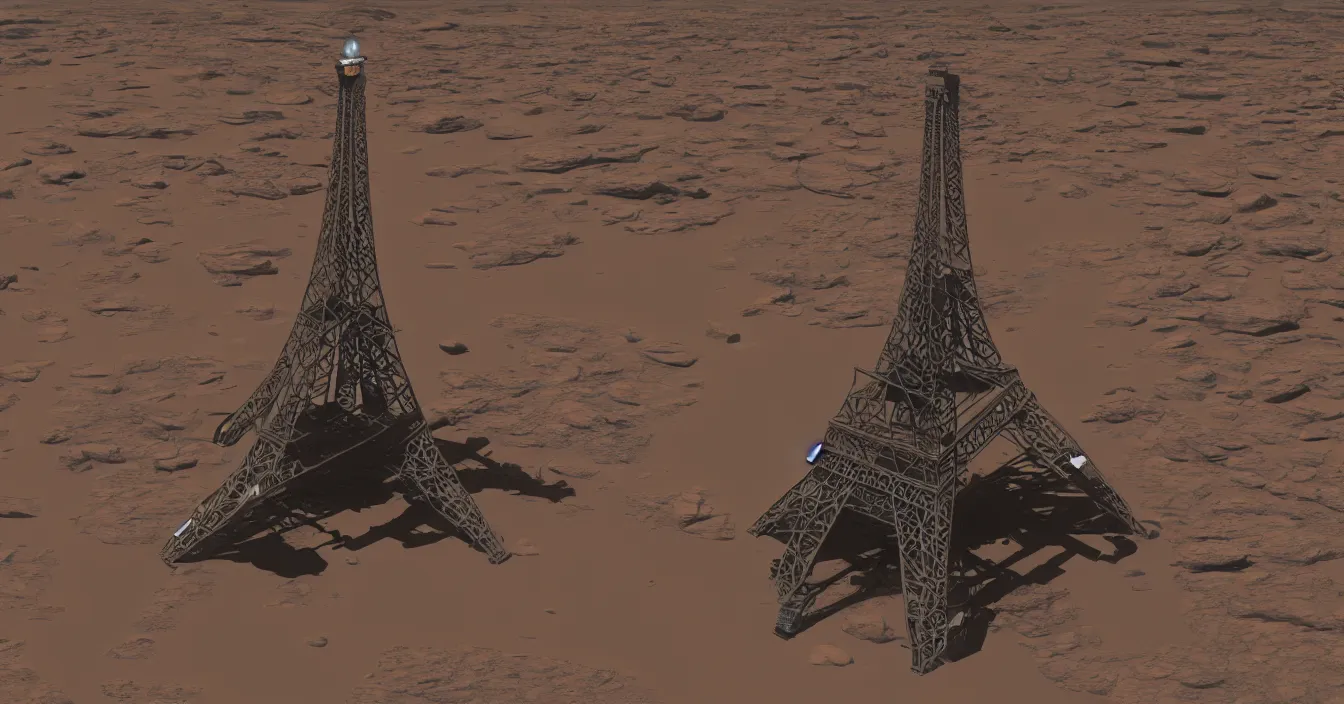 Prompt: spacecraft in the shape of the eiffel tower just landing on mars, photorealism, journalistic photography, super detail, composition, qualitative photography, vray shading, unreal engine