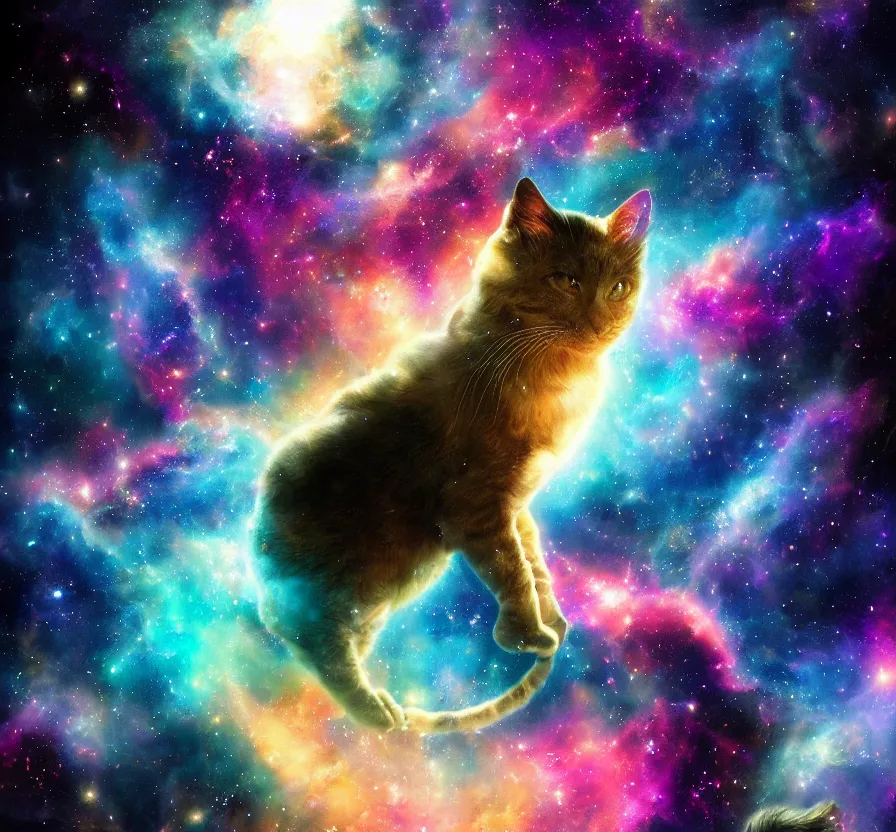 Image similar to space cat in nebula, acrilic paint, heavenly atmosphere, ink paint, ultra detailed, by popular digital artist, beautiful image, resolution, artstation