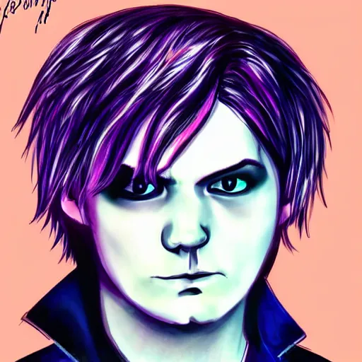 Prompt: a digital drawing of Gerard Way in a style of cartoon style of emo/scene drawing, trending on Pixiv, pastel colors