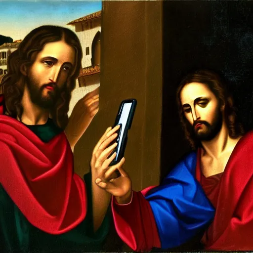 Prompt: jesus and judas taking a selfie together