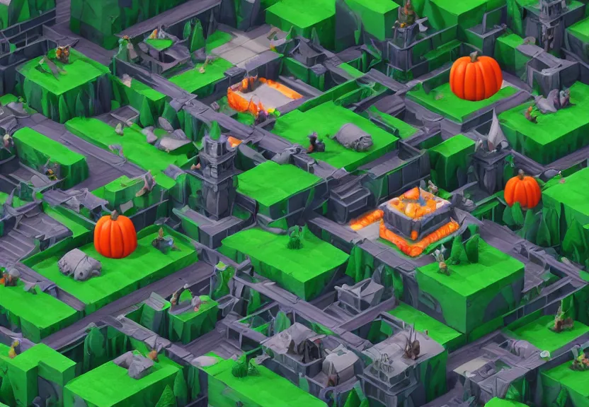 Prompt: evil forest halloween themed isometric game level, stylized, toon shader, arnold maya render