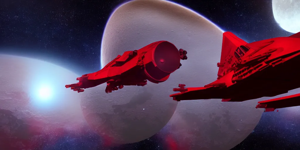 Image similar to giant Cthulhu silhouetted on top of red jetfighter spaceship, photorealistic, wide-angle, long shot, epic, space, lunar backdrop