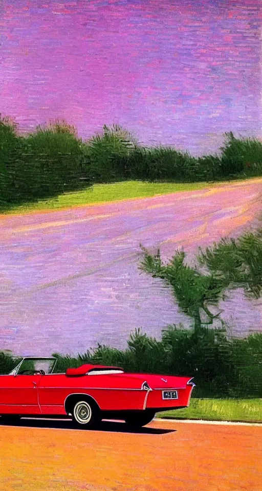 Prompt: far away photo of a 1 9 6 3 red cadillac convertible driving down an empty highway into a pink sunset, aesthetic, minimalist, realistic, surreal, by vincent van gogh