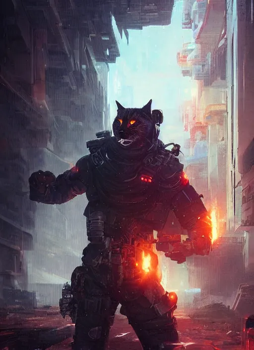 Image similar to a futuristic cyberpunk cat soldier in war scene, epic scene, big explosion, by greg rutkowski