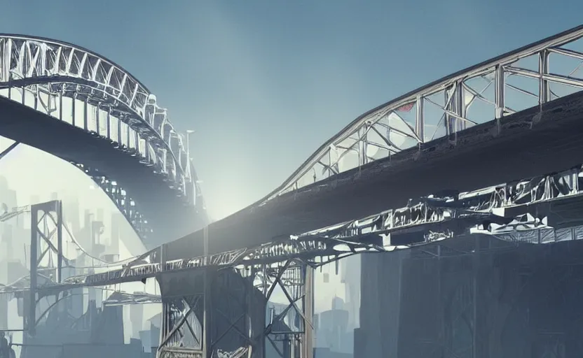 Prompt: a big harbour bridge collapses after explosions in the form of white cotton plants, 3 d octane render, epic lighting, 8 k, by goro fujita