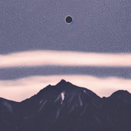 Image similar to a black dot in the sky pulling a mountain up towards it, dark lighting, landscape