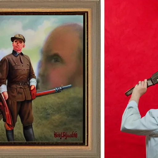 Image similar to back to back picture of a farm boy holding a red gun pointing at adolf hitler who is wearing a woman's dress, realism, 4 k, award winning photograph