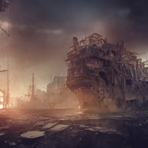 Prompt: apocalyptic, ruined future city. rusted future pirate ship with electronic thunders coming out. volumetric lighting, sharp focus, ultra detailed, cgsociety - w 1 0 2 4 - n 8 - i