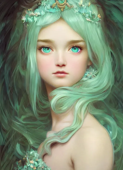 Prompt: Portrait of dreamy and ethereal girl with mint green eyes, peaceful expression, ornate frilly dress, fantasy, intricate, elegant, beautiful, digital art, beautiful dynamic lighting, golden ratio, highly detailed, digital painting, trending on artstation, concept art, smooth, sharp focus, illustration, photo realistic, art by artgerm and greg rutkowski and alphonse mucha and yoji shinkawa, 4K