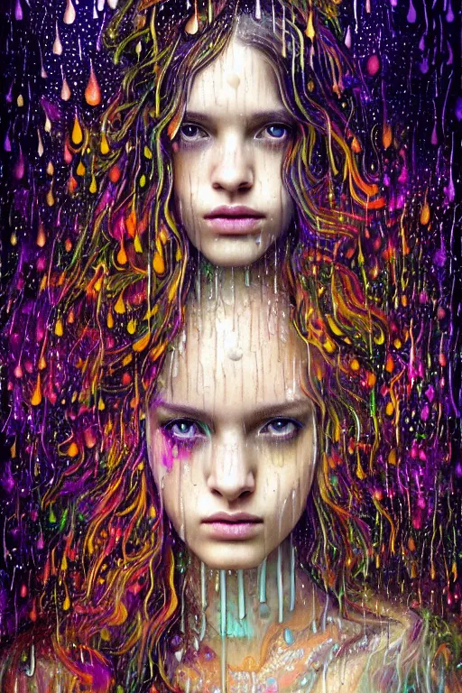 Image similar to portrait of a girl in psychedelic LSD rain with wet hair and face, fantasy, intricate, elegant, dramatic lighting, emotionally evoking symbolic metaphor, highly detailed, lifelike, photorealistic, digital painting, artstation, concept art, smooth, sharp focus, illustration, art by John Collier and Albert Aublet and Krenz Cushart and Artem Demura and Alphonse Mucha