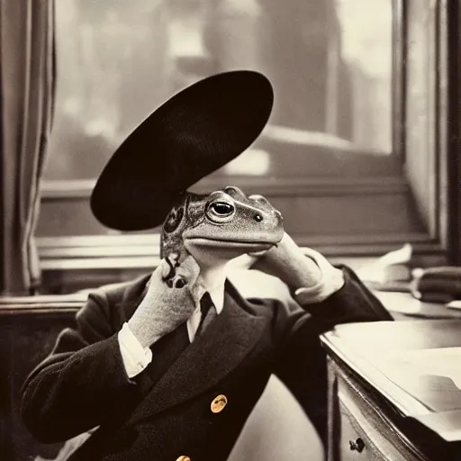 Image similar to cinematic, beautiful, ultra detailed, precise, award winning photo by saul leiter of an aristocrat animal frog wearing a perfect suit and a perfect hat sitting behind a perfect victorian desk, 1 9 4 0 s, vintage photography