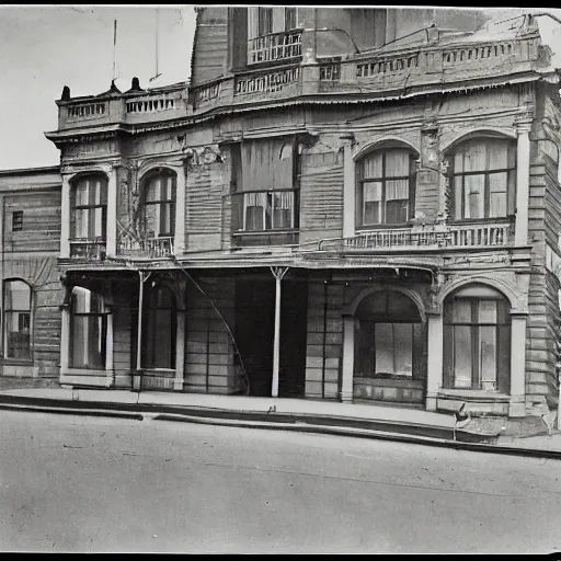 Image similar to a old, worn out photograph of the sydney oprea house taken in 1 9 2 4, photograph on table