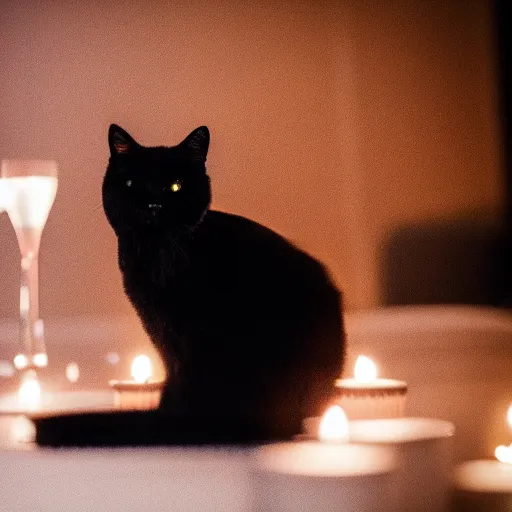 Prompt: a photo of a black cat drinking expensive champagne in a fancy dark bar, mood lighting, candles, f 1. 8, iso 1 6 0 0