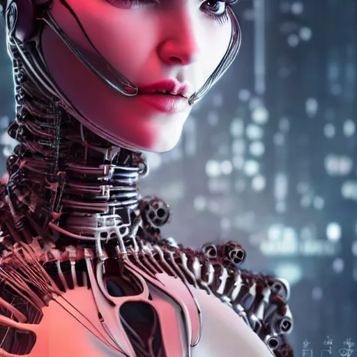 Image similar to eva elfie, chimeric organism, pale white skin, waist up portrait, biomechanical flesh, ex machina, organic steel, highly detailed, mendelbrot fractal, trending on artstation, cyberpunk, ghost in the shell, octane render uhd 4k