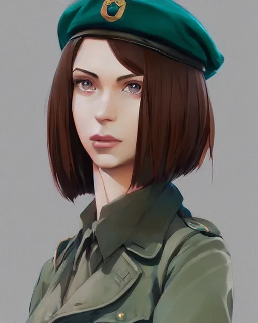 Prompt: portrait bust of young woman with shoulder length light brown hair and hazel eyes dressed in a sharp dark teal military uniform and beret, anime, ilya kuvshinov, greg rutkowski, guweiz, ross tran, loish, svetlana tigai, artgerm, artstation trending, concept art, digital painting