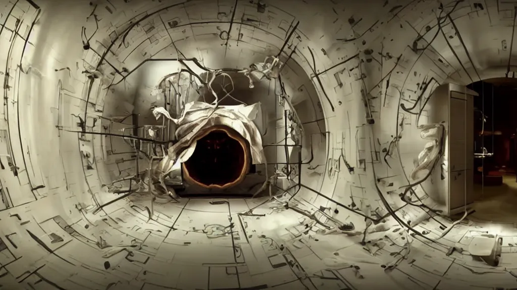 Image similar to an mri image open mri exposed uncovered machine portal in the living room, film still from the movie directed by denis villeneuve with art direction by salvador dali, wide lens